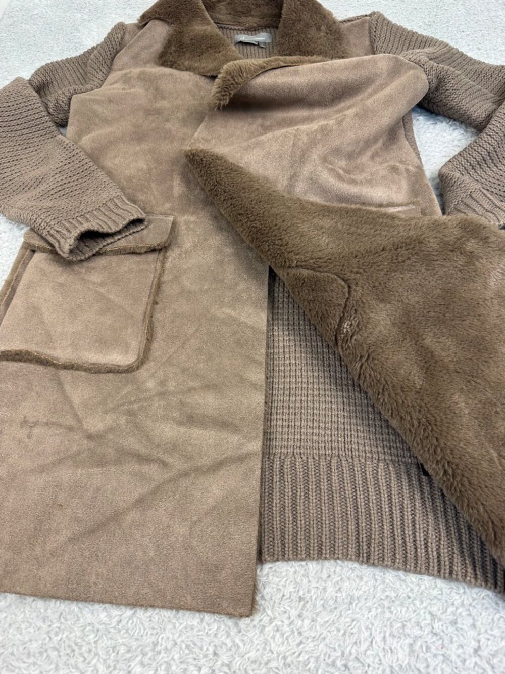 Anthropologie Sweater M Taupe Faux Suede Knit Long Coat W/Faux Shearling Collar - Picture 11 of 12
